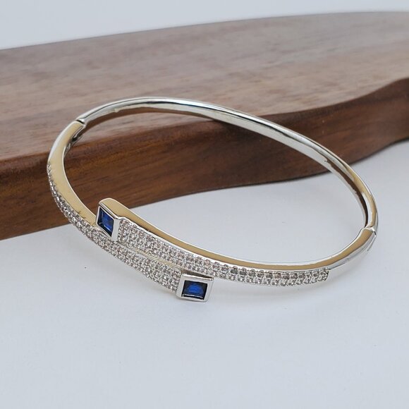 1ct Blue Sapphire Gemstone 2ct Diamond Womens Sterling Silver Bangle Bracelet - Picture 3 of 4